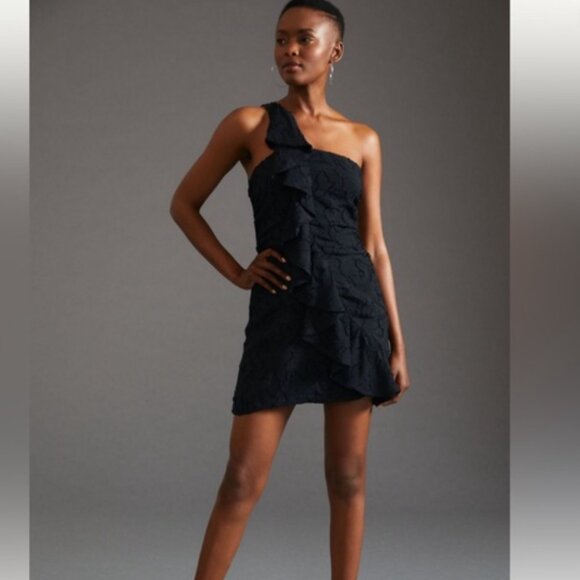 Anthropologie Ruffled One Shoulder Textured Mini Dress Black Size 6 - Picture 1 of 10